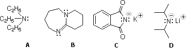 Four bases A-D: triethylamine, DBU, potassium phthalimide, LDA, compared for strongest base