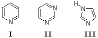 Three heterocyclic amines I-III: pyridine, pyrimidine, imidazole, ranked by basicity