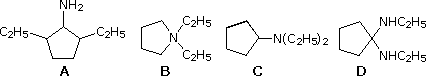 Four amine structures A-D, candidates for cyclopentyldiethylamine