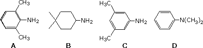 Four amine structures A-D, candidates for N,N-dimethylaniline