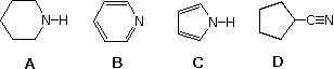 Four structures A-D: piperidine, pyridine, pyrrole, cyclopentyl nitrile, ranked as Bronsted bases