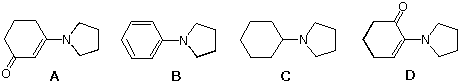 Four enamine/amine structures A-D on pyrrolidine, compared for weakest Bronsted base