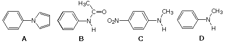 Four aniline derivatives A-D including N-phenylpyrrole, acetanilide, nitro-N-methylaniline, compared for basicity