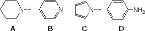 Four N-heterocycle structures A-D, candidates for pyridine