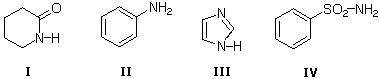 Four structures I-IV: lactam, aniline, imidazole, benzenesulfonamide, ranked for acid/base strength