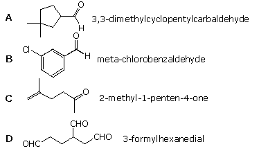 Q4 options A-D: 3,3-dimethylcyclopentylcarbaldehyde, m-chlorobenzaldehyde, 2-methyl-1-penten-4-one, 3-formylhexanedial