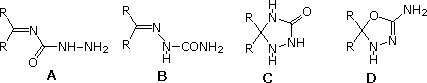 Four candidate semicarbazone structures A-D from R2C=O and semicarbazide, including R2C=N-NHCONH2