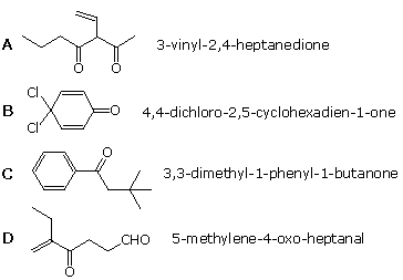 Q5 options A-D: 3-vinyl-2,4-heptanedione, 4,4-dichloro-2,5-cyclohexadien-1-one, 3,3-dimethyl-1-phenyl-1-butanone, 5-methylene-4-oxo-heptanal