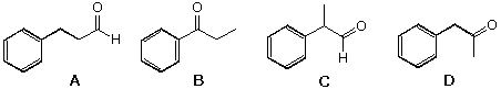 Four C9H10O isomers A-D: 3-phenylpropanal, propiophenone, 2-phenylpropanal, phenylacetone