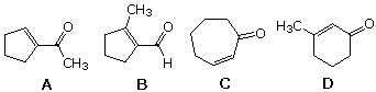 Q49 aldol product options A-D: acetylcyclopentane, 2-methylcyclopentene-1-carbaldehyde, 2-cycloheptenone, 3-methyl-2-cyclohexenone