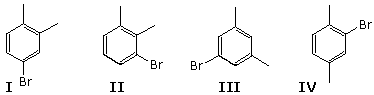 Four bromotoluene/xylyl bromide isomers I-IV showing different methyl and bromine ring positions