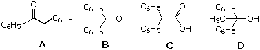 Four products A-D: 1,2-diphenyl ethyl ketone, phenyl propyl ketone, 2-phenylbutanoic acid, 2-phenyl-2-butanol