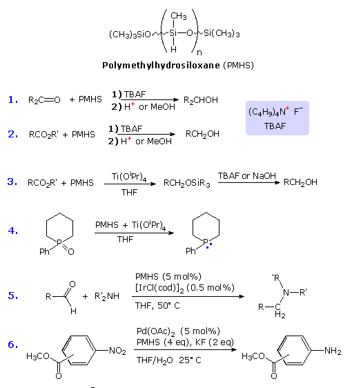 PMHS structure and six equations reducing ketones, esters and phosphine oxides via TBAF, Ti(OiPr)4 or metal catalysis